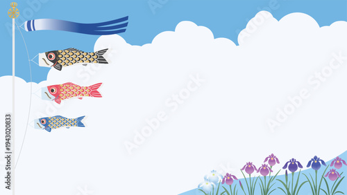 鯉のぼりと菖蒲の背景イラスト 端午の節句・こどもの日 和風ベクター背景素材（16:9）