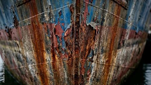 Close Up of a Weathered Blue and Red Ship Bow with Rust and Peeling Paint Details