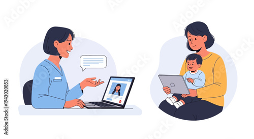 A doctor consults with a mother and baby via a video call on a laptop, demonstrating remote healthcare.