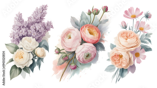 Wallpaper Mural Floral Arrangements with Lilac and Roses Soft Pastel Colors Isolated on transparent background Torontodigital.ca