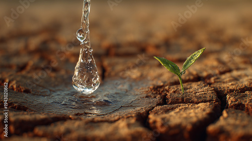 A small green plant sprout growing in dry cracked earth with a drop of water