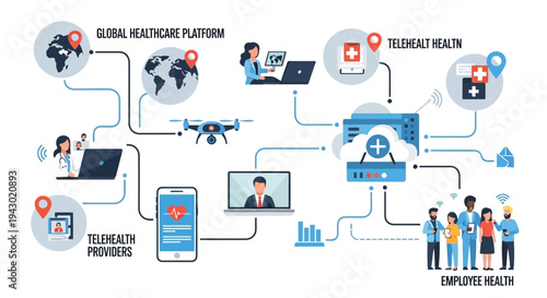 Comprehensive illustration of a global telehealth and employee health platform connecting various healthcare services and users worldwide.