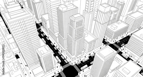 Aerial view of a city skyline with tall buildings and streets.