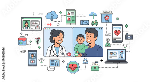 Telemedicine consultation between a doctor and a father with his child, showcasing digital health services and remote patient care.