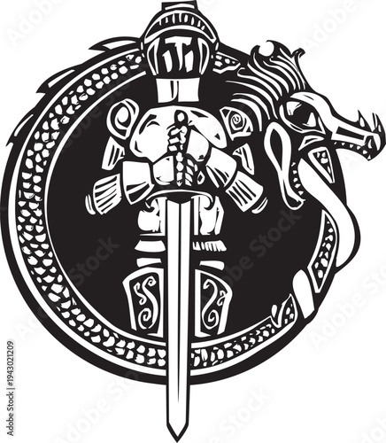 Woodcut fantasy knight in a dragon circle