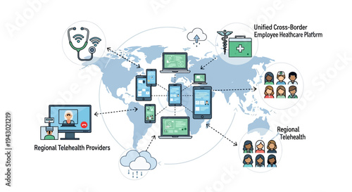 Global Unified Cross-Border Employee Healthcare Platform connecting regional telehealth providers and diverse users worldwide via digital devices and cloud services.