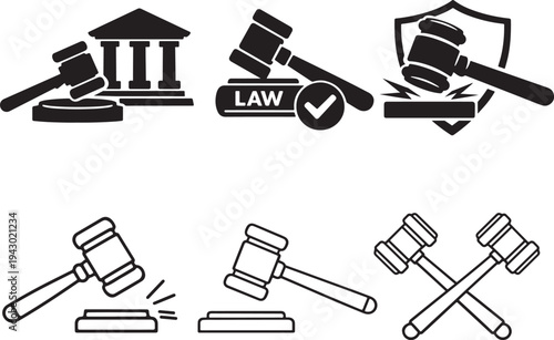  Judge gavel set for court, justice, law, legal system, verdict, courtroom, and authority themes