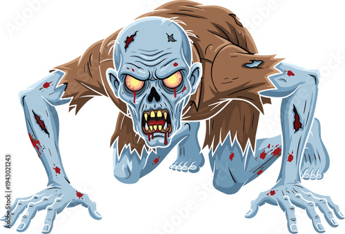 Creepy zombie monster crawling horror creature illustration with bloody wounds scary Halloween undead character design