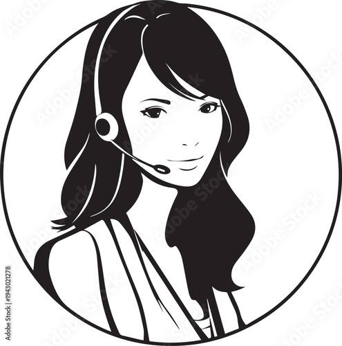 Hand Drawn Female Customer Service Agent Black and White Avatar Illustration in Minimal Line Art Style Design