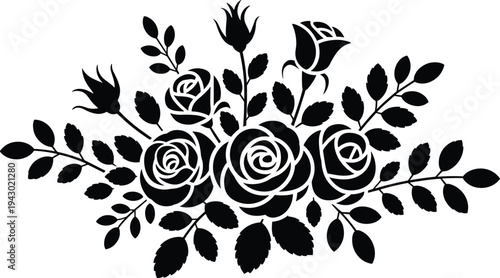 Rose bouquet silhouette illustration, decorative floral arrangement design, elegant botanical ornament pattern, romantic flower vector artwork, vintage floral composition