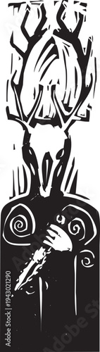 Woodcut style Celtic cernunnos image or primitive shaman