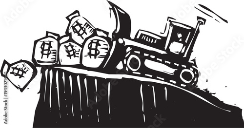 Woodcut style image of a machine Bulldozing Money off a cliff