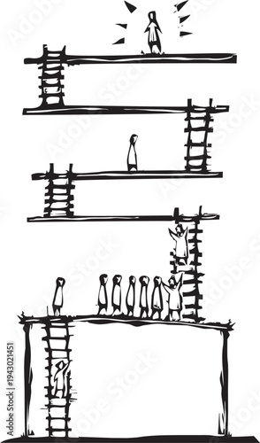 Woodcut style image of simple workers leveling up in a world of platforms and ladders