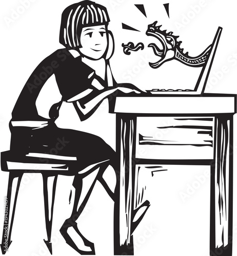 Woodcut style  image of a woman playing online fantasy game