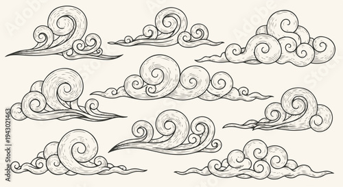Set of Traditional Hand Drawn Japanese Chinese Style Scroll Clouds Vector Illustration isolated PNG with Transparent Background