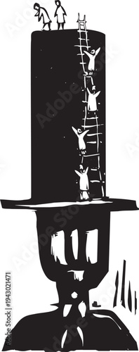 Woodcut style image of Climbing to the Top Hat