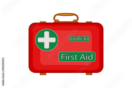 First aid kit, medical bag on white background. Red first aid kit box with white medical cross and "First Aid" text. Emergency medical services. Healthcare and safety. Flat design. Vector illustration