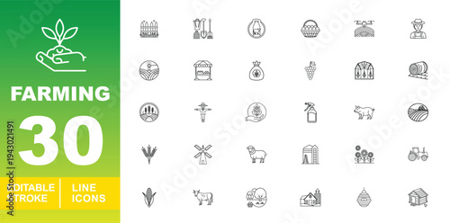 Farming and Agriculture Countryside Icons. Editable stroke icons for ranching and cultivation. Featuring hay bales, scarecrows, windmills, agricultural drones, silos, livestock like sheep and pigs