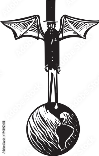 Woodcut style winged demon in a top hat standing astride the earth