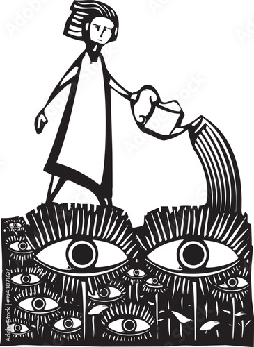 woodcut style image of a girl with a can watering a field of flowers with eyes. 