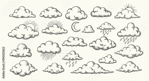 Set of Hand Drawn Clouds and Weather Elements. Sketch Vintage Style Vector Illustration. isolated PNG with Transparent Background