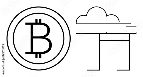 Blockchain technology, fintech, cloud storage, data security, cryptocurrency, decentralization. Bitcoin symbol next to a connected cloud icon. Blockchain technology and fintech concept