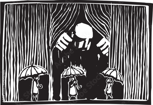 Woodcut image of a giant pulling back a curtain of rain to reveal three small people with umbrellas 
