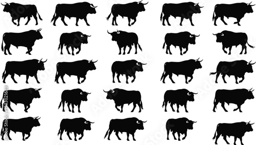 Bull silhouettes collection set isolated black cattle icons showing different walking poses farm animal livestock illustration