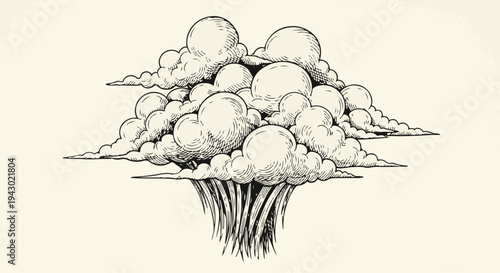 Vintage Engraved Style Illustration of Stacked Clouds with Organic Root Structure isolated PNG with Transparent Background