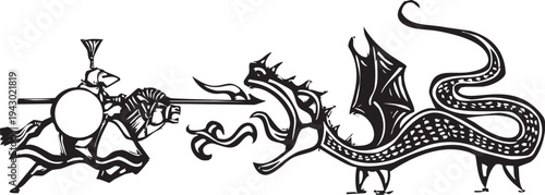 Woodcut style image of a knight on horseback and lance fighting a fire breathing dragon