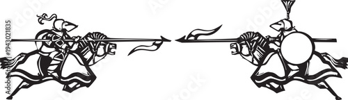 Woodcut style image of two knights jousting