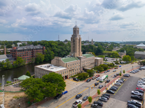 Pawtucket city hall aerial view at 137 Roosevelt Avenue in historic downtown Pawtucket, Rhode Island RI, USA.