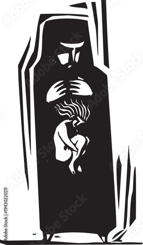 Woodcut style image of an old woman in a hijab with a young girl in side of her,.