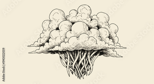 Detailed ink illustration of an abstract cloud formation with root-like tendrils isolated PNG with Transparent Background