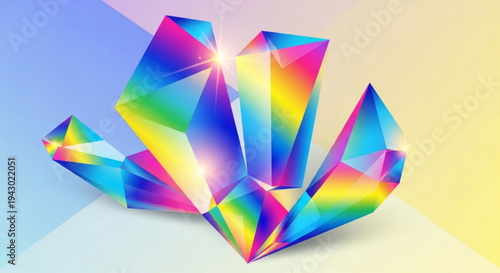 Vibrant rainbow crystal cluster shining brightly on colorful background with geometric shapes and light effects