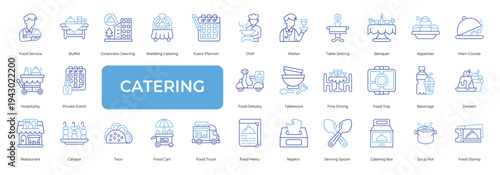 Catering Icon set Collection in Line Two Color Style. food, buffet, event, chef, kitchen, cook