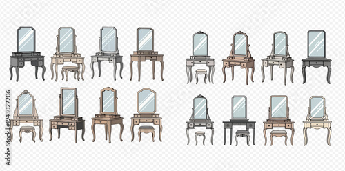 Set of antique dressing tables with mirrors and stools, various vintage vanity furniture designs.