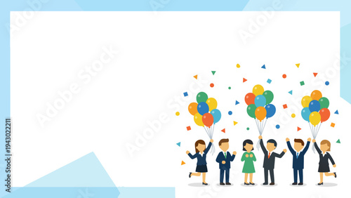 Flat vector illustration of a happy business team celebrating success and achievement with colorful balloons and confetti.