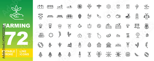 Farming and Harvesting Line Icons. Editable stroke icons for agriculture and produce. Featuring carrots, beehives, honey jars, onions, tomatoes, mushrooms, wheat stalks, and corn symbols for app UI 