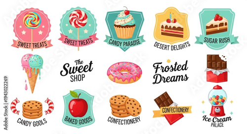 Collection of Sweet Treats and Desserts with Labels.