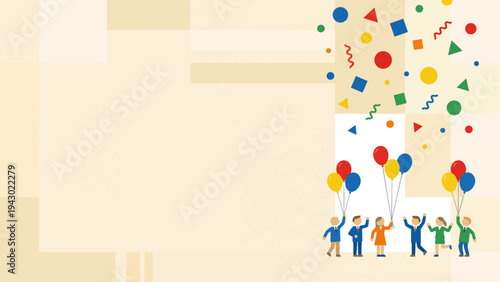 Flat vector illustration of a happy business team celebrating success and achievement with colorful balloons and confetti.