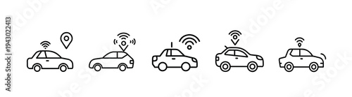 Car and smart navigation outline icon set featuring vehicle tracking and location wifi signal for autonomous driving and connected transport and more vector illustration or editable stroke