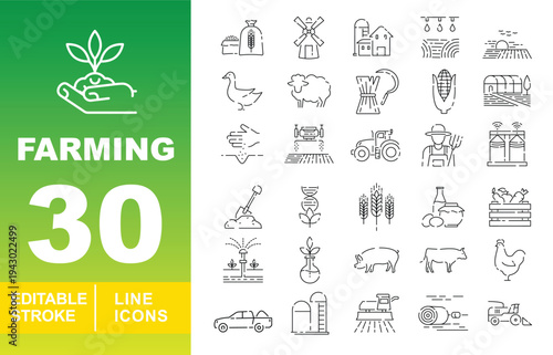 Agrotech & Modern Agriculture Line Icons. Editable stroke vector icons for smart farming. Featuring agricultural drones, plant DNA, automated irrigation, livestock, windmills, and harvester symbols