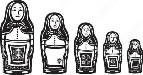 Woodcut style several russian nested dolls