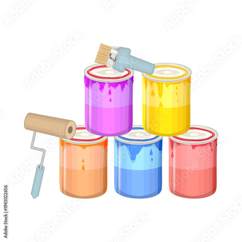 Set of colorful paint cans with brush and roller on white background.Five open tins with vibrant paint, paint roller and paintbrush.For home renovation, repair, diy or creativity.Vector illustration