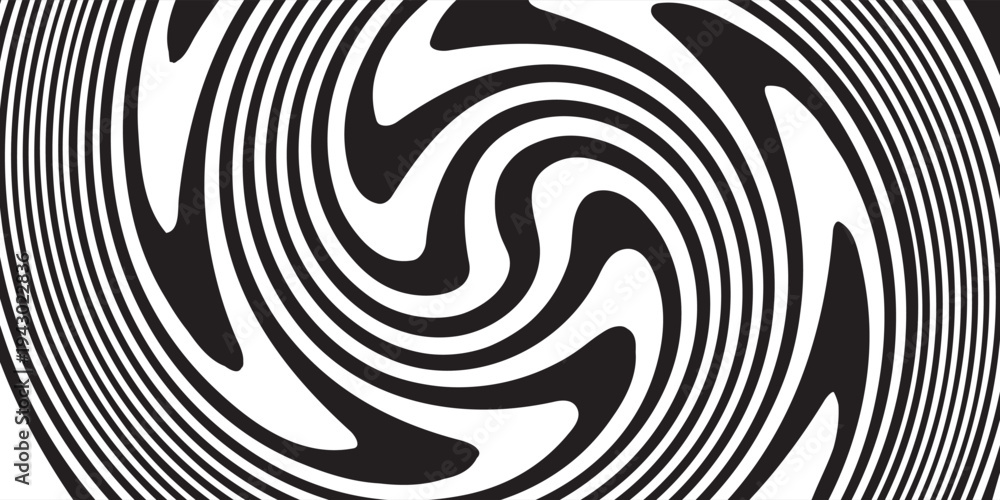 Fototapeta premium Black and white striped liquid paint effect vector seamless pattern. Wavy psychedelic background of moving liquid. Modern zebra backdrop. Groovy 1970s style.