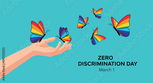 Digital illustration of a hand releasing colorful butterflies over turquoise backdrop, hopeful celebration of Zero Discrimination Day