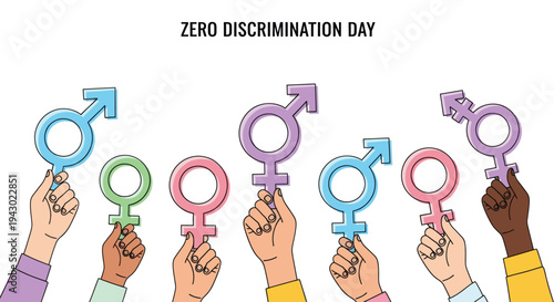 Vibrant illustration of diverse hands holding gender symbols on a white background for Zero Discrimination Day