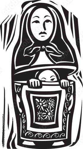 Woodcut style russian nested doll with a girl peaking out