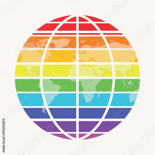 Rainbow Globe Showcasing Global World Unity With Colorful Grid Lines Over White Background